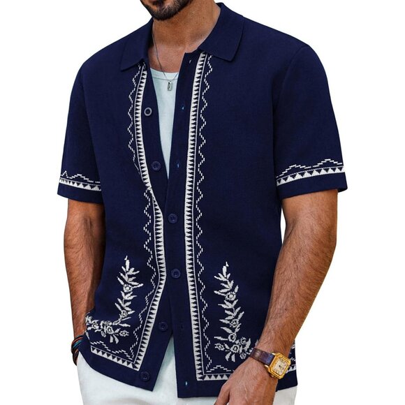 Men Navy Blue Embroidered Short Sleeve Button Up Casual Knit Shirt Stylish - Picture 1 of 5